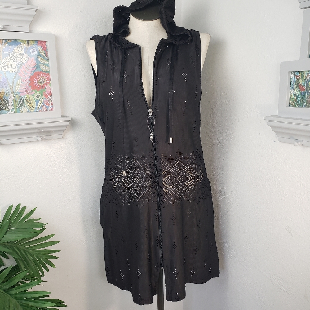 Ellen Weaver Black Hoodie Cover Up Pockets Zipper Sheer Mesh sz Large